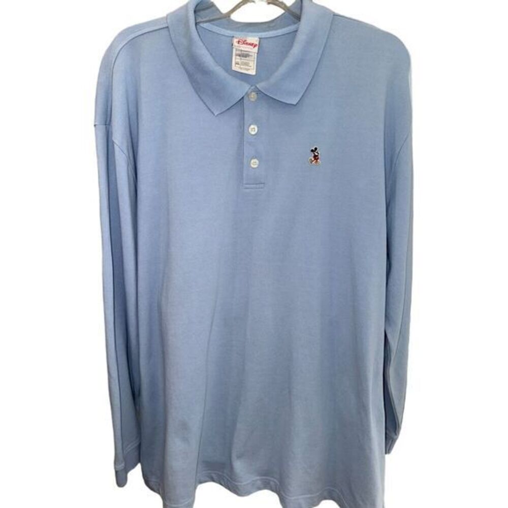 DISNEY Shopping Men's Long Sleeve‎ Mickey Mouse Polo Shirt Light Blue XXL